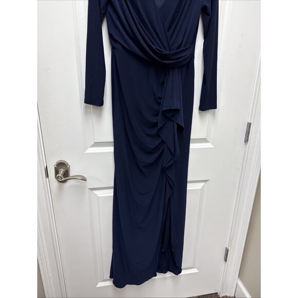 BETSY & ADAM Elle Long Sleeve Side Ruffled Split Gown Size 8 Navy Evening Formal - Picture 4 of 10